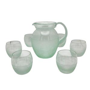 Water Pitcher And Its 6 Cups, Light Green, Daum Nancy.