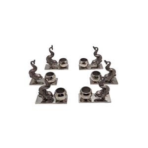 Set Of 6 Individual Silver-plated Metal Table Vases Or Salt Cellars Decorated With Dolphins