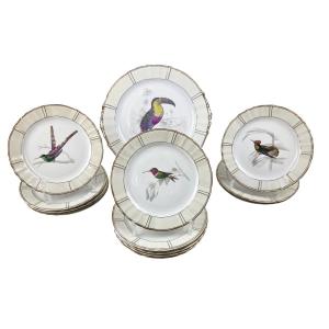Limoges Porcelain Dessert Service, Bernardaud Company, "les Oiseaux De Buffon" Pattern 
