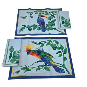 Pair Of Cotton Placemats And Napkins, Toucan Model, Hermès Paris.