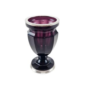 Purple Lined Crystal Vase, Silver Mounted.