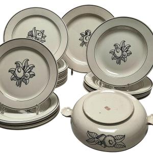 Earthenware Dinner Service For 6, Art Deco Period, Signed Jean Luce, 20 Pieces.