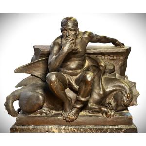 Painted Terracotta Sculpture: Minos, The Guardian Of The Underworld. Italy, 20th Century