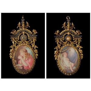 Gold, Silver, Diamond, And Pearl Pendant With A Double Miniature. Spain, 19th Century