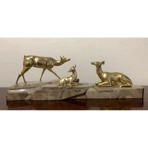 J. Brault Group Of Art Deco Deer In Bronze