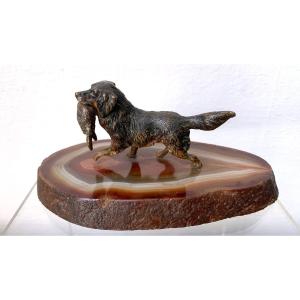 Polychrome Vienna Bronze Dog Retrieving A Hare On Agate.