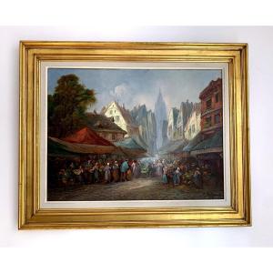 B. Baliquant Oil On Canvas "animated Market Scene" 