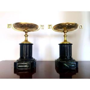 Pair Of Louis XVI Bronze And Marble Cassolettes