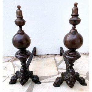 Pair Of Bronze Andirons With Marmousets, 18th Century