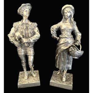 Pair Of Romantic Figures In Silvered Bronze By Léon Perzinka.