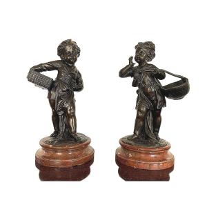 Pair Of Bronze Statues "mitron And Young Girl" Early 19th Century