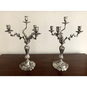 Pair Of Silver-plated Bronze Candelabra With 4 Lights