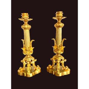 Pair Of Restoration-period Bronze Candlesticks With Mercury Gilding