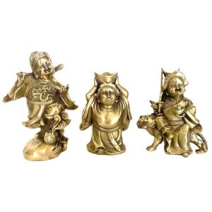 Three Laughing Buddhas In Polished Bronze