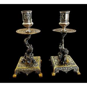 Pair Of Renaissance-style Candlesticks In Silver-plated Bronze And Gilded Bronze