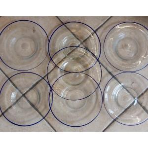 7 18th Century Glass Plates With Blue Hem
