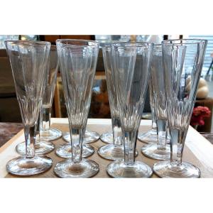 12 Thick Crystal Champagne Flutes, 19th Century