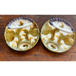 2 Plates Asparagus/artichoke Barbotine 19th Century