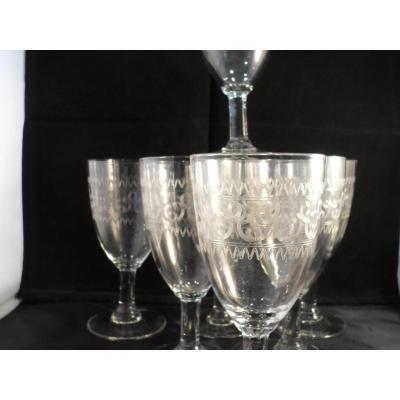 7 Engraved Water Glasses Early Twentieth