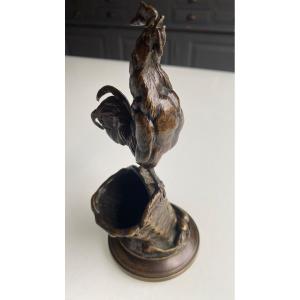 XIXth Bronze Rooster Forming A Match Holder Signed Auguste Nicolas Caïn (1821-1894)