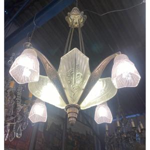 Chandelier 4 Plates, 4 Tulips, Art Deco Period 1930