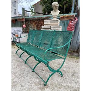 Large 19th Century Garden Bench In Wrought Iron And Woven Metal Mesh