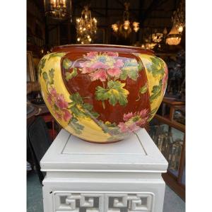 Large Japanese Earthenware Cache Pot, Keller And Guerin In Luneville