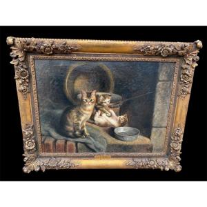 Oil On Canvas Depicting A Family Of Cats, Signed And Dated 1920
