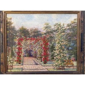 Old Painting Depicting A Rose Garden In A Garden
