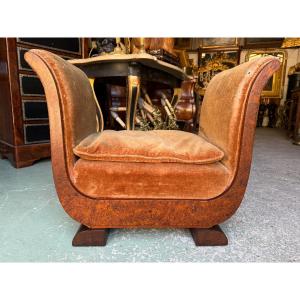 Art Deco Period Upholstered Bench From The 1930s In Amboyna Burl And Mahogany 