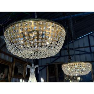 Pair Of Large Louis XVI Style Ceiling Lights In Crystal And Brass 