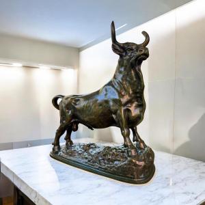 Standing Bull In 19th Century Bronze With Nuanced Green Patina, Signed Rosa Bonheur (1822-1899)