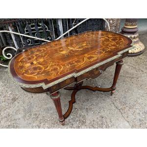 Louis XVI Style Pedestal Table / Center Table, Napoleon III Period, In Marquetry 