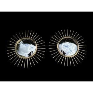 Pair Of Witch Mirrors In Brass And Gilded Metal, 20th Century