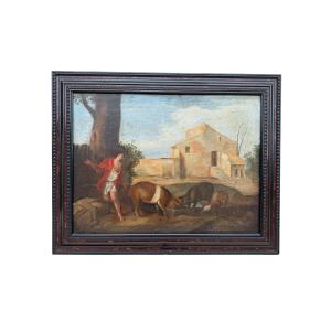 Religious Oil On Canvas, Late 18th Century, The Prodigal Son And His Pigs 
