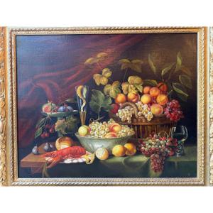 Large Still Life With Lobster And Fruit In The 18th Century Style 