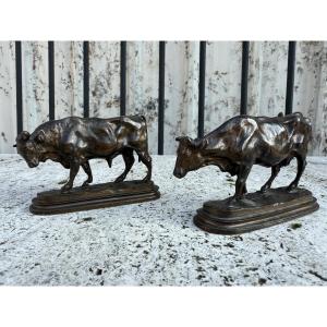 Pair Of Bronze Subjects With Brown Patina, 19th Century, Bull And Cow 