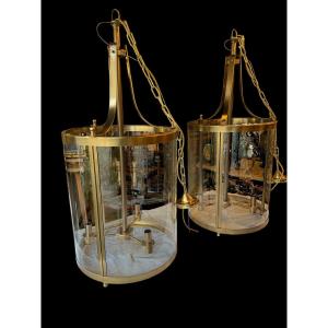 Important Pair Of Louis XVI Style Lanterns In Brass, Diam: 50cm