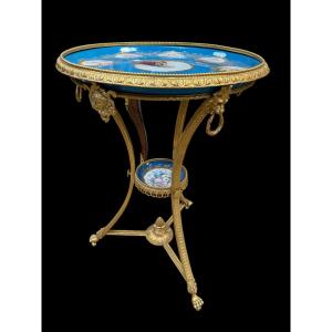 Louis XVI Style Pedestal Table In Gilded Bronze And Porcelain Dish In The Sèvres Style 