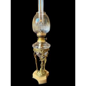 19th Century Empire Style Oil Lamp, In Gilt Bronze Decorated With An Eagle, Quiver And Arrows…