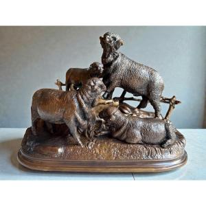 Group Of Bronze Merino Sheep Signed Jules Moigniez (1835-1894)