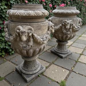 Pair Of Louis XVI Style Garden Vases In Reconstituted Stone, Decorated With Ram's Heads 