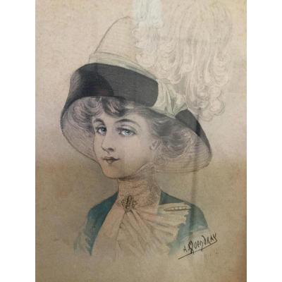 Drawing Fashion 1900s Signed Portrait Of Elegant Woman In The Hat