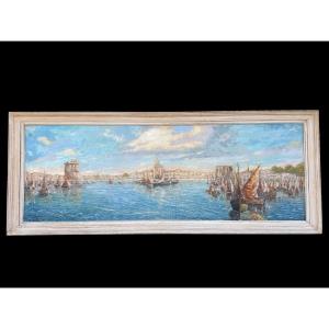 Oil On Panel, View Of The Port Of La Rochelle, Landscape Signed Gino Balestrieri 1941