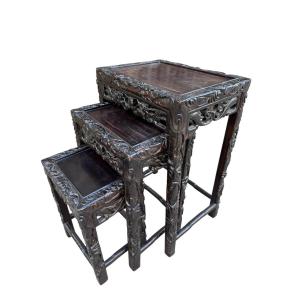 Asian Nesting Tables In Carved And Openwork Wood, China, Japan, 20th Century 