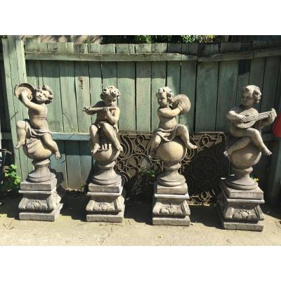 Ensemble De 4 Anges / Puttis Musiciens Sur Socles, Statues De Jardin...