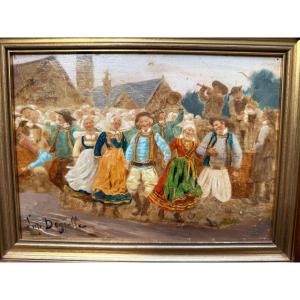 Scene Of Breton Characters, Village Festival, Signed Théophile Louis Deyrolle