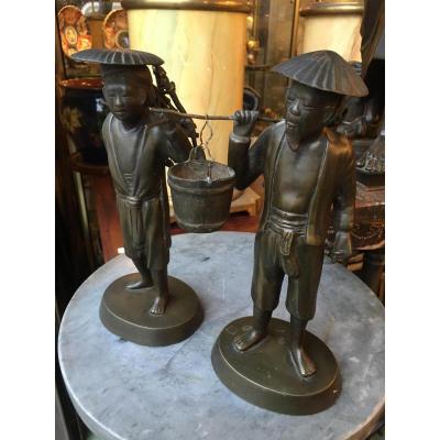 2 Personnages En Bronze Indochinois, Ethnie, Asie...