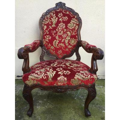 Carved Walnut Armchair Nineteenth, Velvet From Genoa