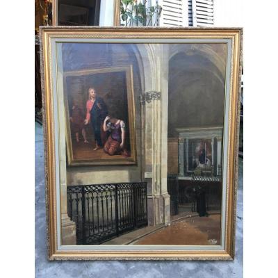 Old Table, Church Interior / Cathedral Signed Voss